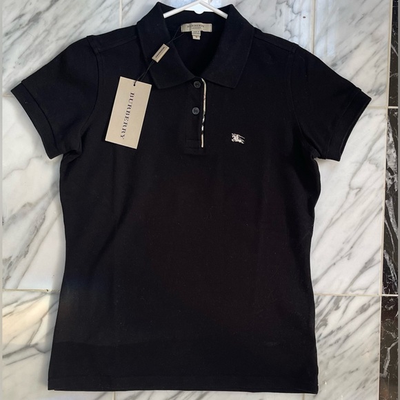 BURBERRY LONDON BLACK POLO WITH CHECK PLACKET EMBROIDERED WHITE LOGO SHIRT - Picture 10 of 16